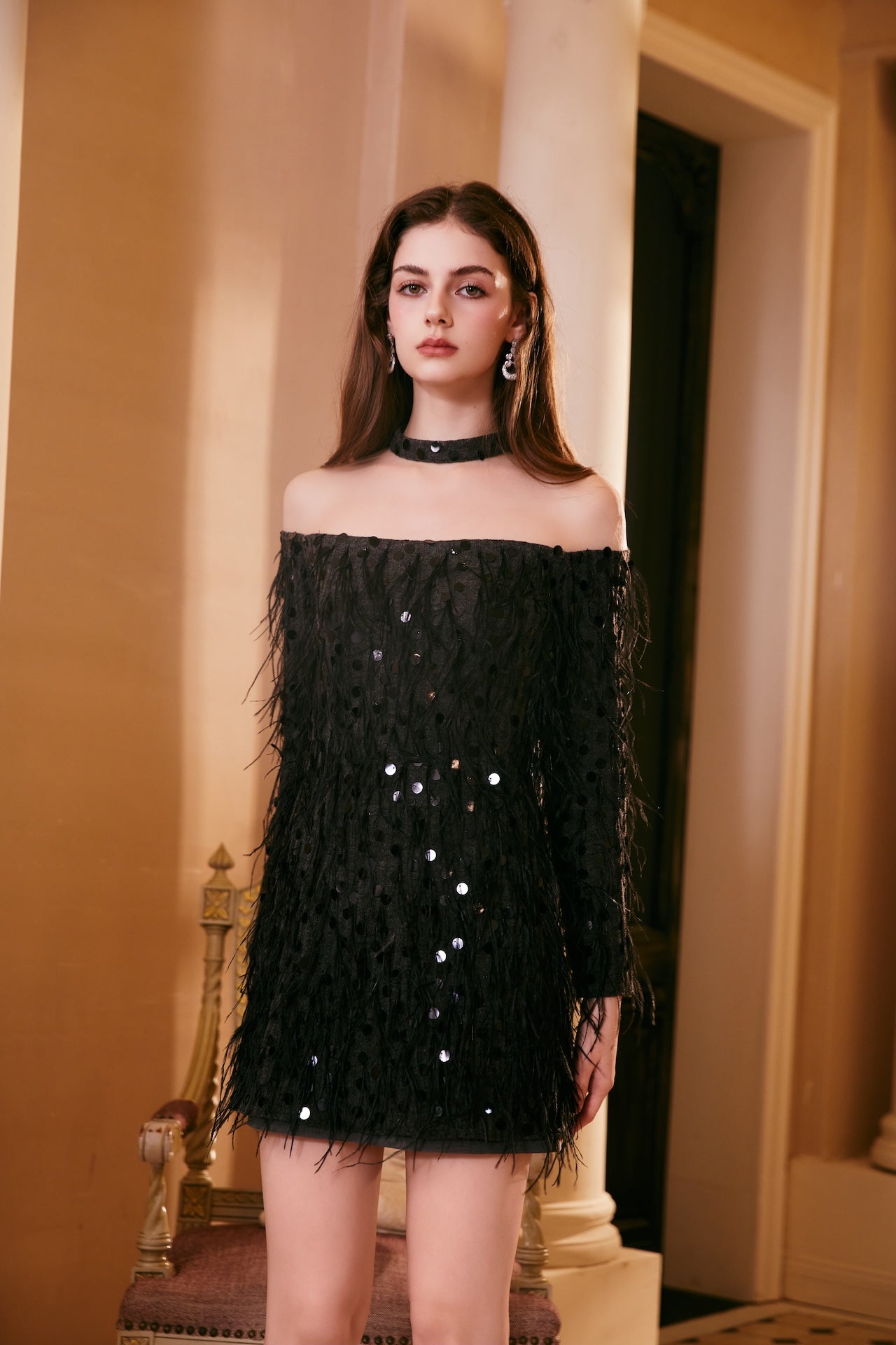 Beaded Knit Feather Off-Shoulder Dress