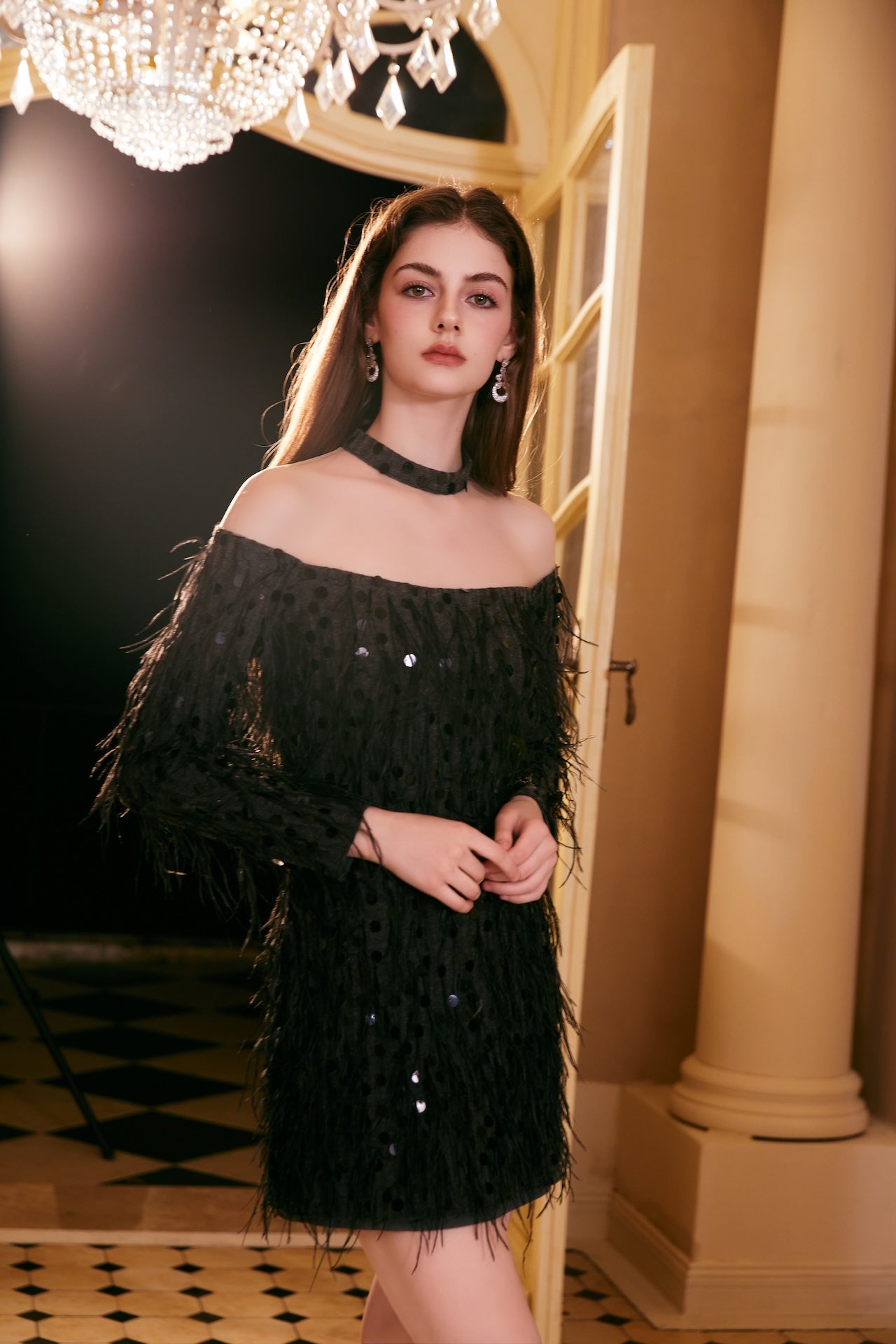 Beaded Knit Feather Off-Shoulder Dress